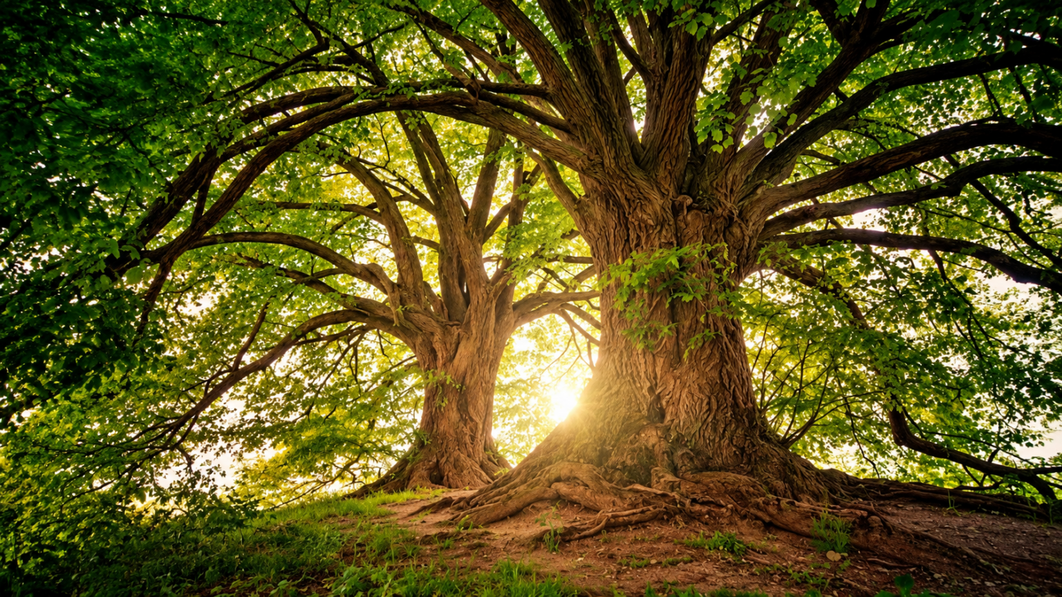 Deux arbres majestueux aux racines apparentes, baignés par les rayons du soleil à travers leur feuillage.